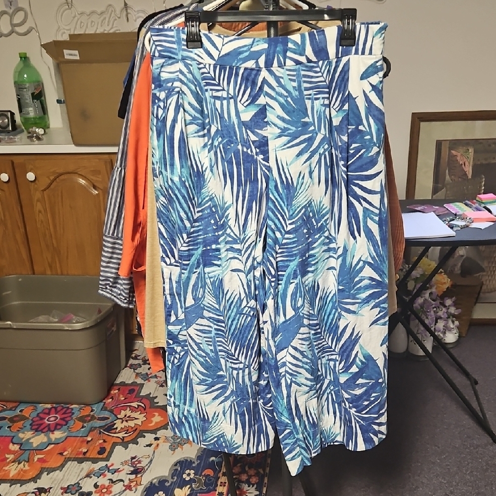 Chelsea & Theodore Tropical Blue and White Wide Leg Pants